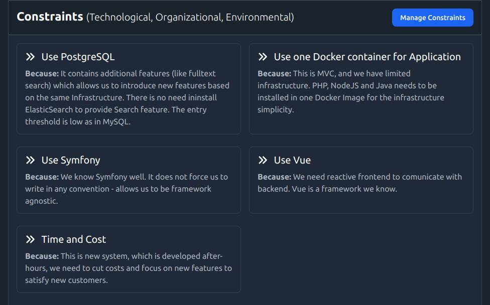 Project Constraints selected for project in Pistacy.io