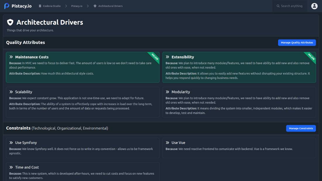 Architectural Drivers with reason in Pistacy.io