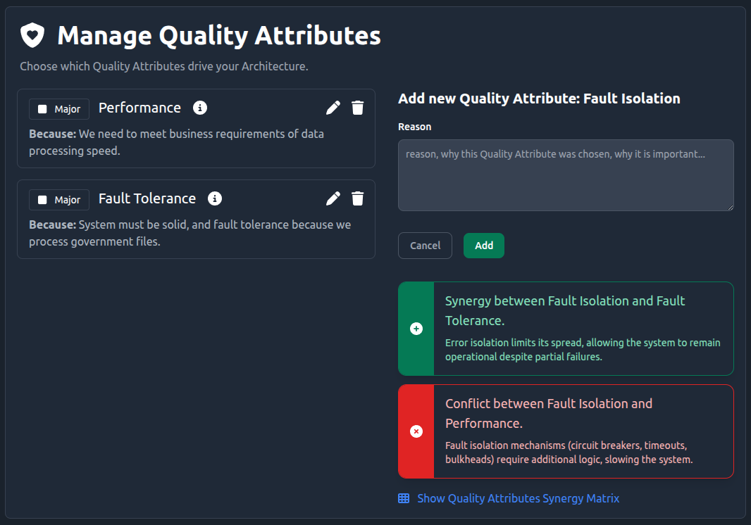 Automatic Synergy and Conflict between quality attributes